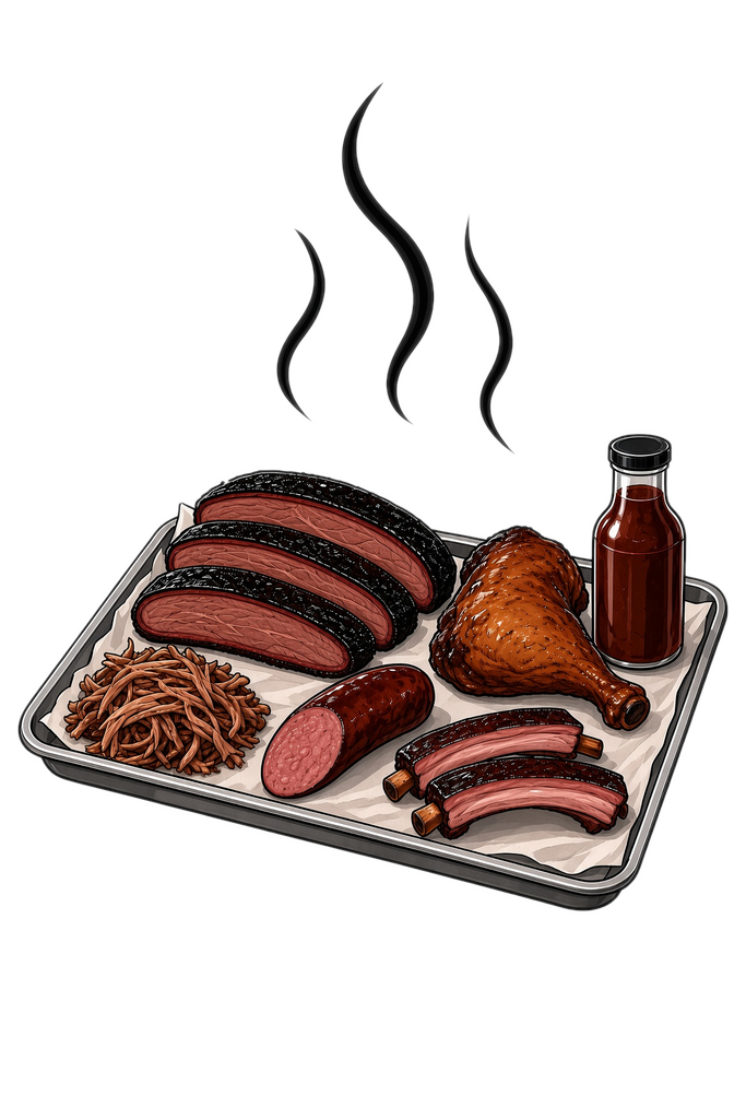 A loaded barbecue tray on butcher paper